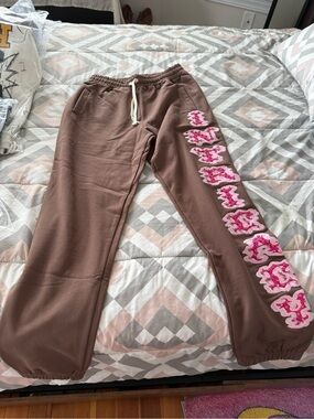 Lost Intricacy Brown Mens Sweatpants with Pink Graphic Side Detail